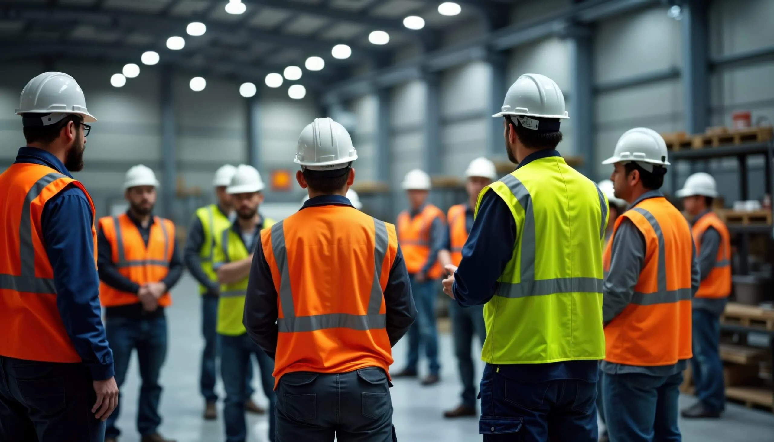 Team of workers in hard hats and high-visibility vests in a warehouse
