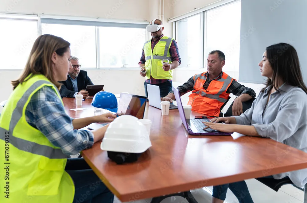Team meeting around a table with hard hats and laptops