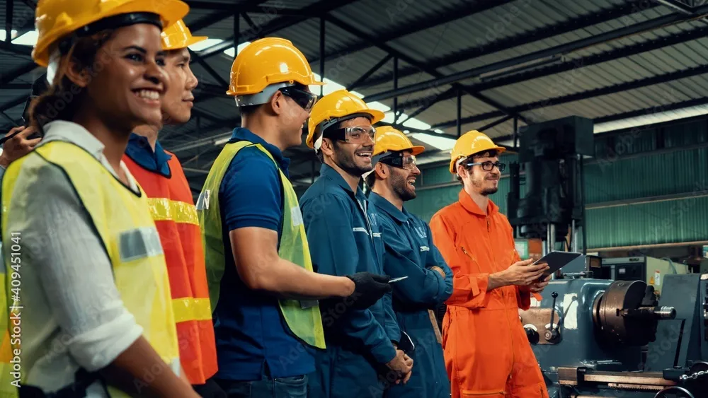 A smiling team of workers in hard hats and high-visibility gear